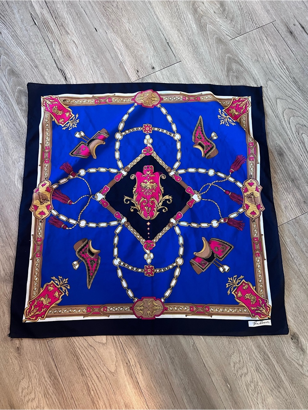 Ornate Blue & Red Silk-Style Square Scarf with Chain Motif